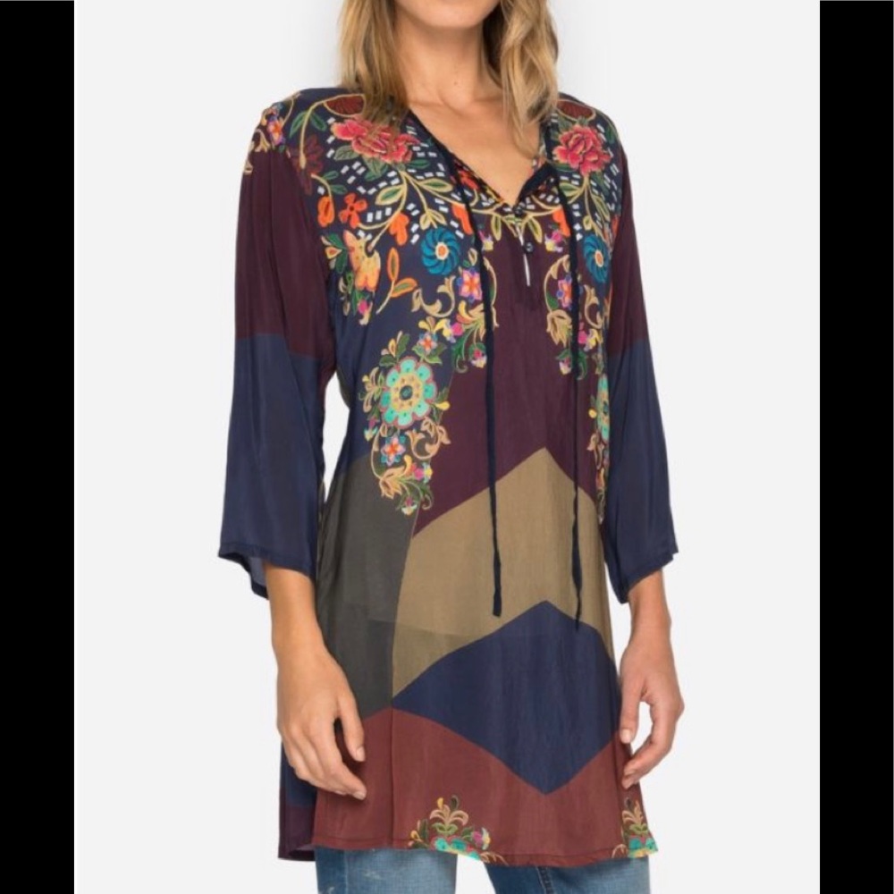 NWT Johnny Was Ludios Multi Patchwork tie neck Tunic